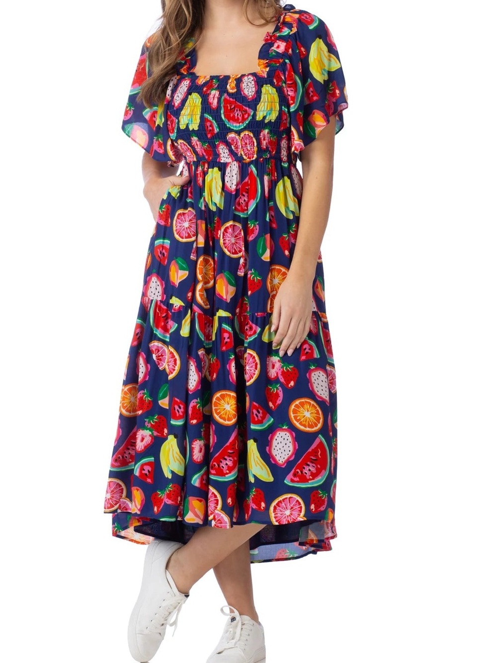 CROSBY by Mollie Burch Navy Fruit-Print Smocked Midi Dress